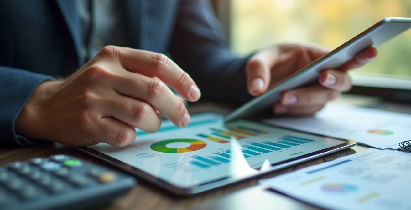 Mains d'expert analysant des graphiques de production solaire sur tablette, avec calculatrice et documents financiers flous en arrière-plan