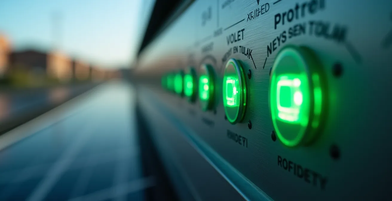Vue macro d'un système de monitoring solaire avec voyants lumineux verts indiquant la synchronisation optimale