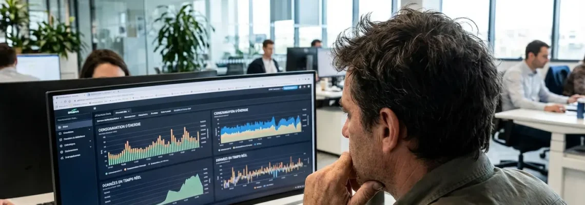 Gestionnaire immobilier analysant des données de consommation énergétique sur écran (déclaration OPERAT)