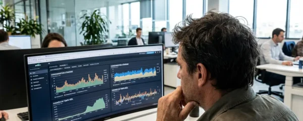 Gestionnaire immobilier analysant des données de consommation énergétique sur écran (déclaration OPERAT)