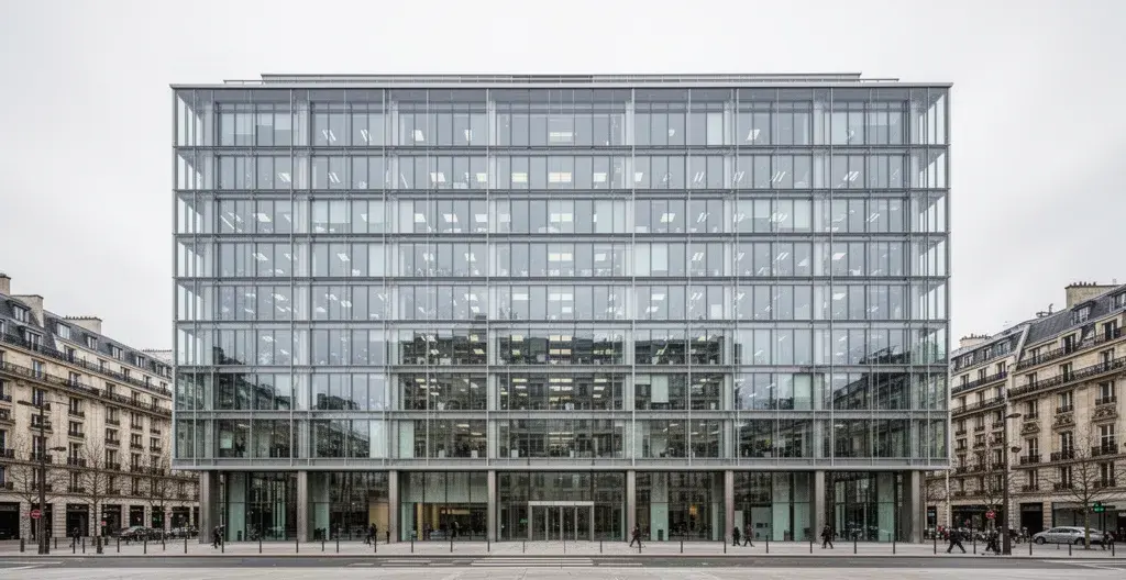 Façade vitrée d'un immeuble de bureaux tertiaire soumis au décret tertiaire