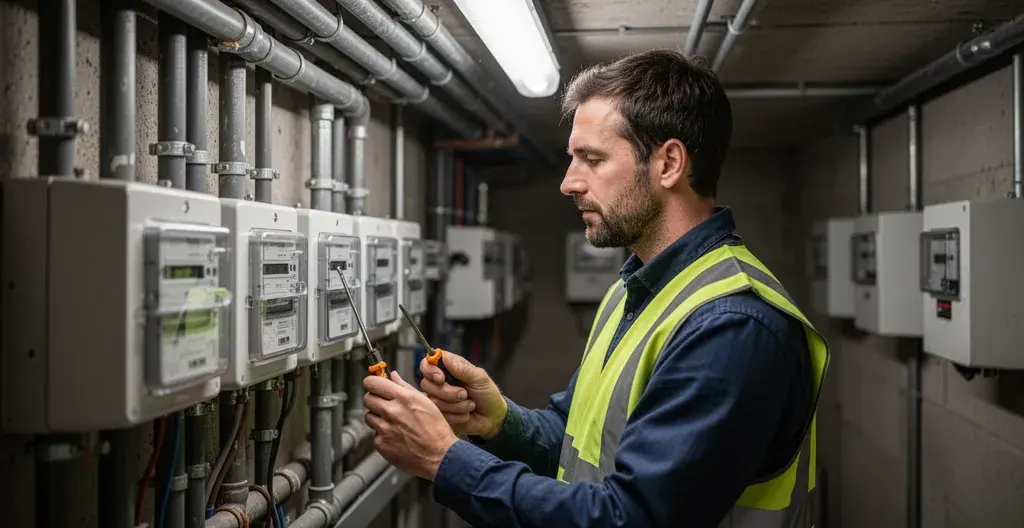 Technicien inspectant des compteurs électriques dans un local technique (relevé OPERAT)