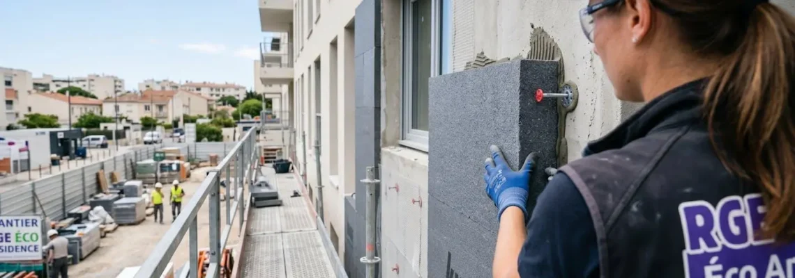 Un artisan vu de dos installe des panneaux isolants thermiques sur la façade d'un immeuble résidentiel moderne lors d'un chantier d'isolation par l'extérieur