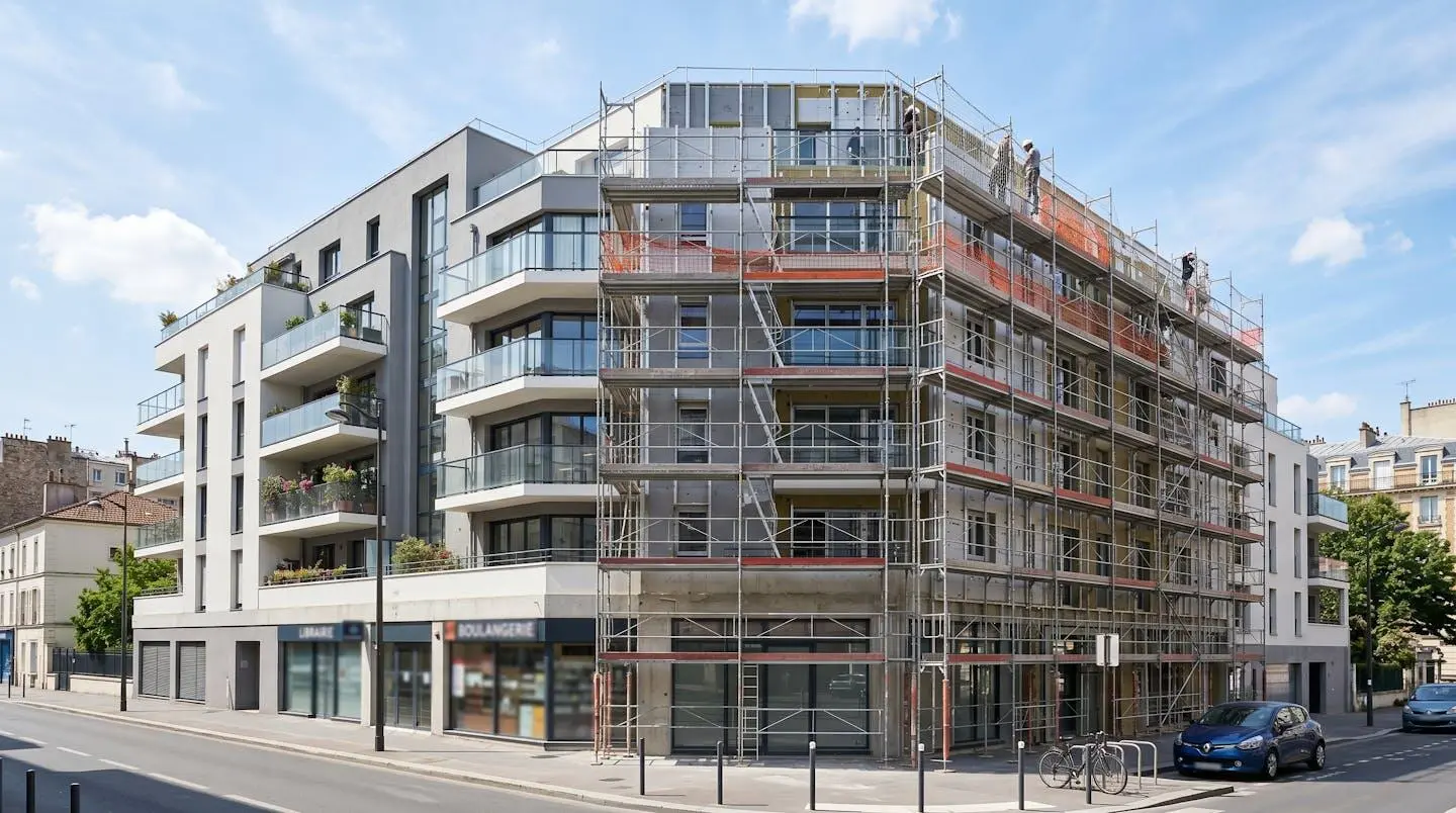 Vue en grand angle de la façade d'un immeuble résidentiel moderne français avec échafaudages installés pour des travaux d'isolation thermique par l'extérieur