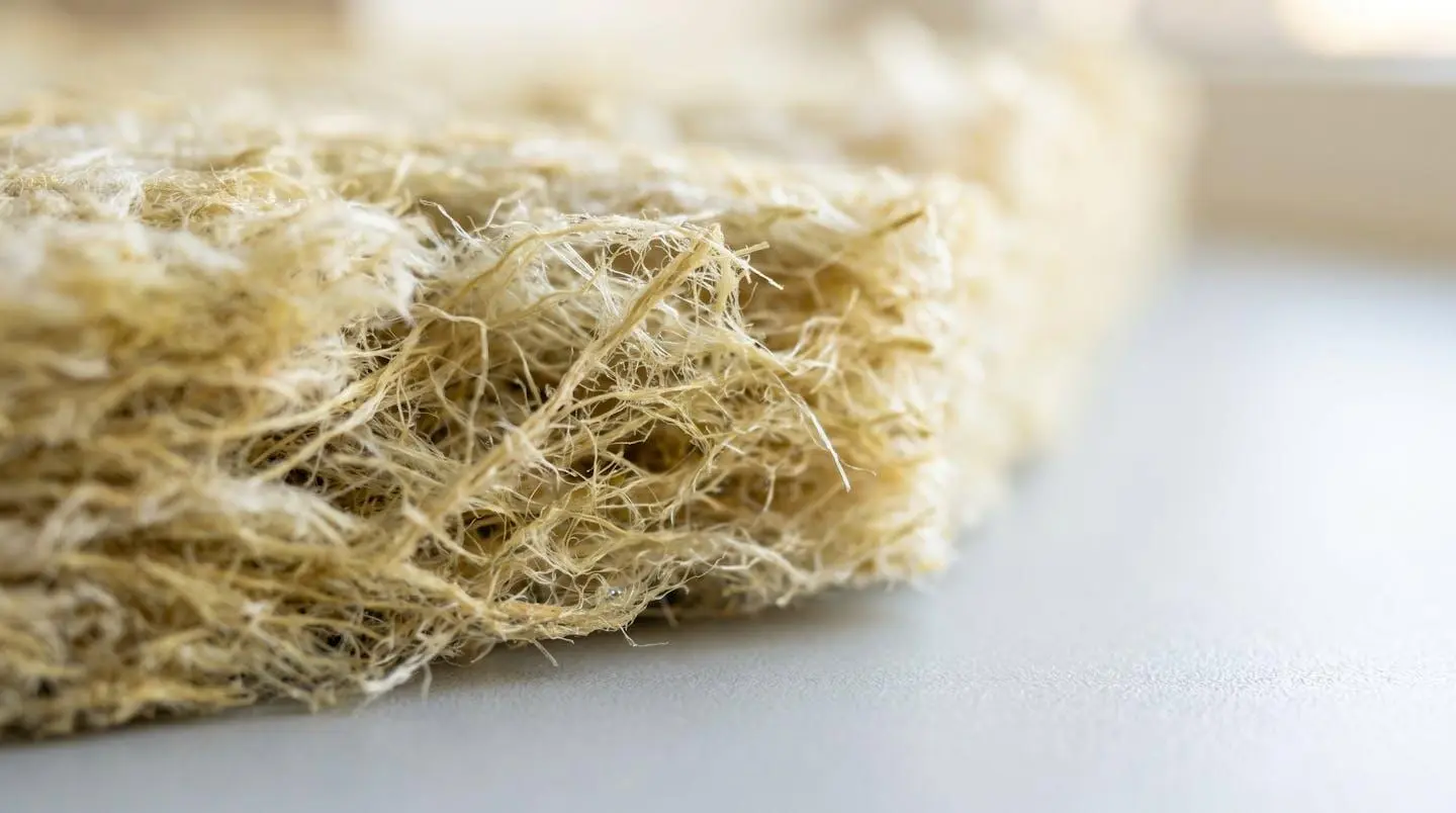Gros plan extrême sur la texture fibreuse d'un isolant thermique en laine minérale montrant le détail des fibres entrelacées