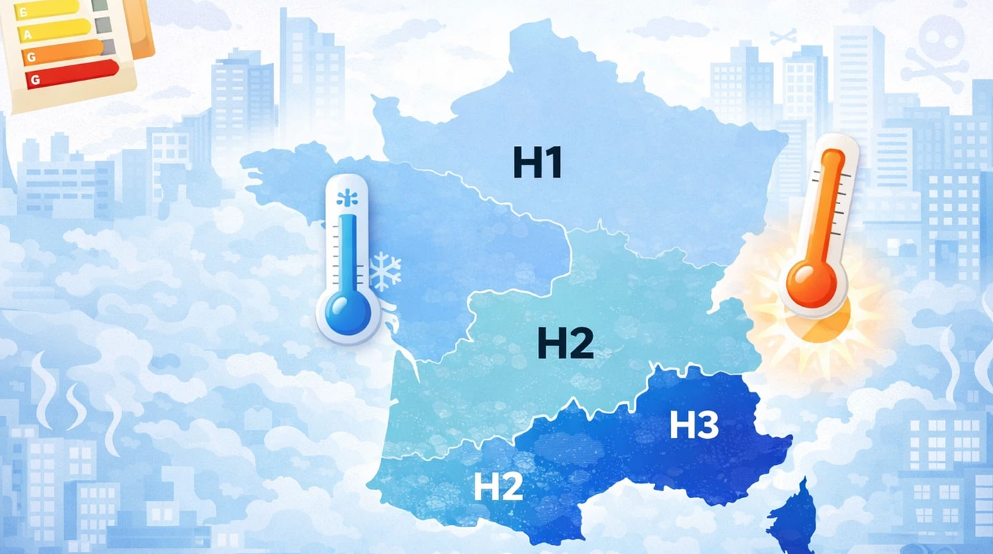 Écran d'ordinateur de bureau affichant une carte de France divisée en zones climatiques H1 H2 H3 avec des couleurs distinctes et une interface de calcul de prime énergétique