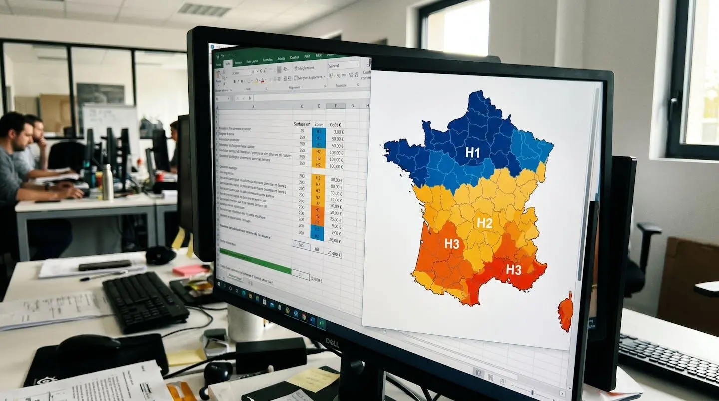 Écran d'ordinateur de bureau affichant une carte de France divisée en zones climatiques H1 H2 H3 avec des couleurs distinctes et une interface de calcul de prime énergétique