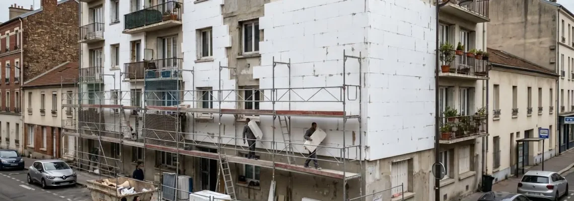 Façade d'immeuble résidentiel en cours de rénovation avec panneaux d'isolation thermique blanche partiellement fixés et échafaudage métallique