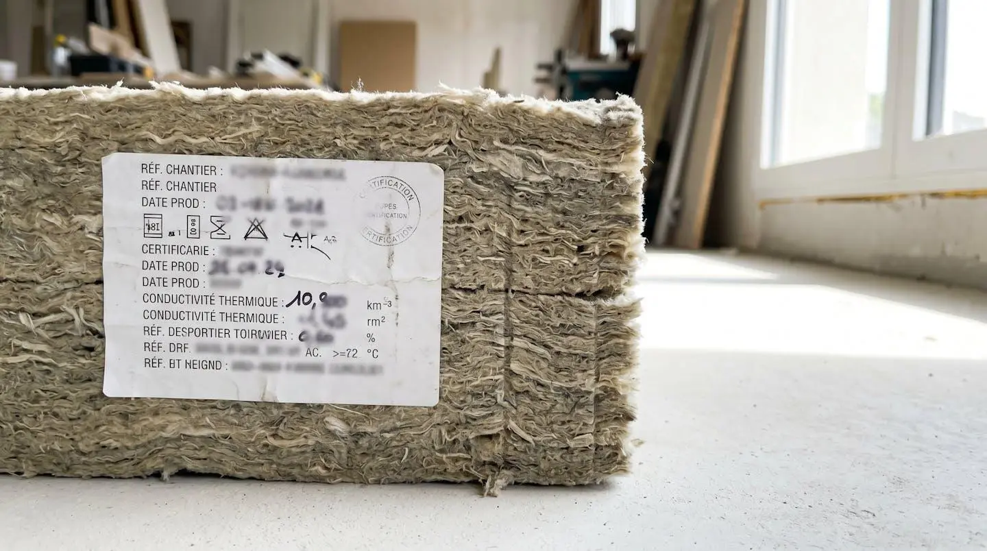 Gros plan sur la tranche d'un panneau d'isolation rigide montrant la structure en fibres compressées et une étiquette de certification technique partiellement lisible