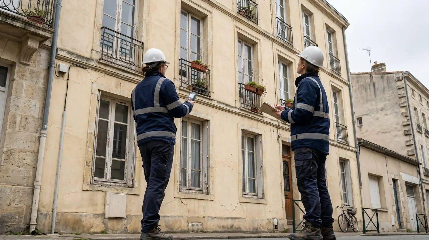 Professionnel du bâtiment vu de dos en vêtements de travail inspectant une façade de logement avec un appareil de mesure et un bloc-notes à la main