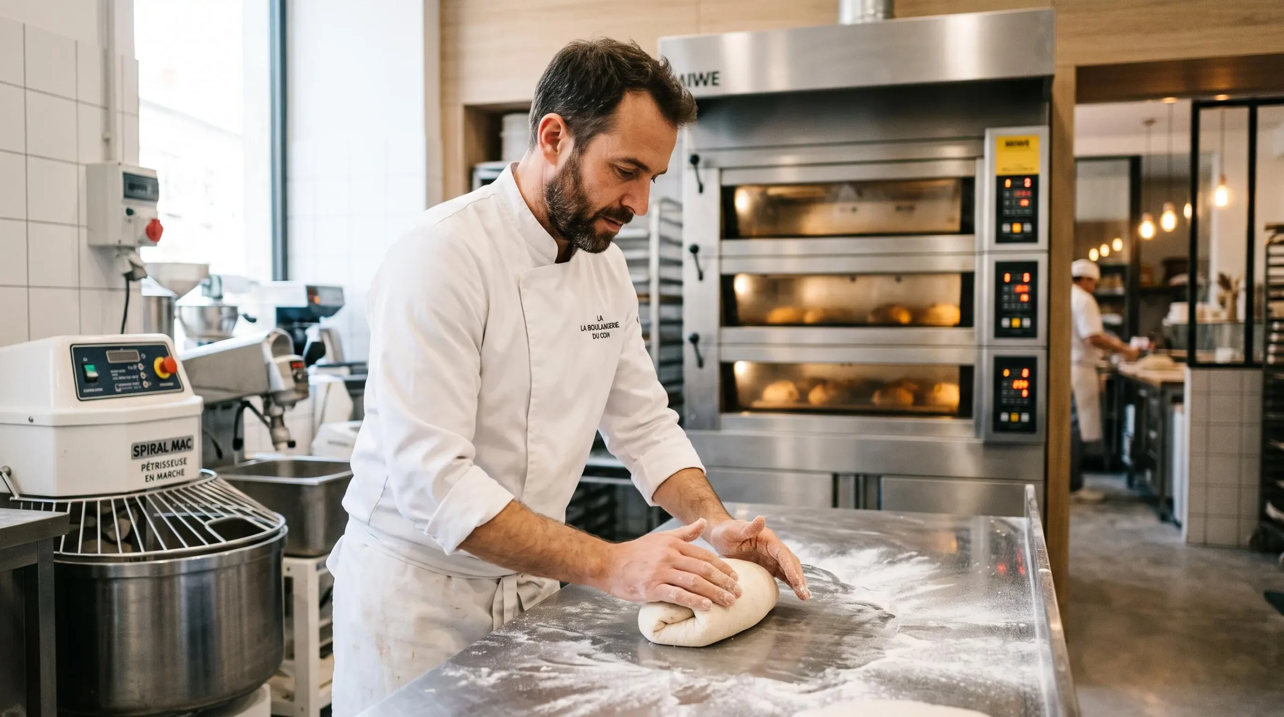 Boulanger artisan façonnant une pâte dans un laboratoire professionnel équipé de four électrique et pétrisseur modernes
