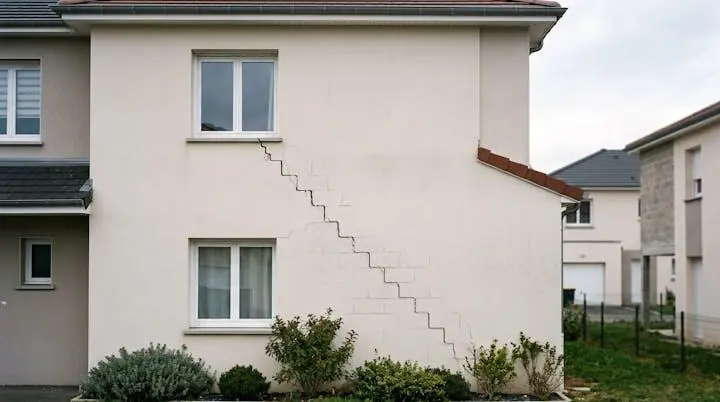 Fissures structurelles en escalier visibles sur la façade d'une maison individuelle contemporaine française, partant d'un angle de fenêtre et descendant en diagonale sur le crépi clair.