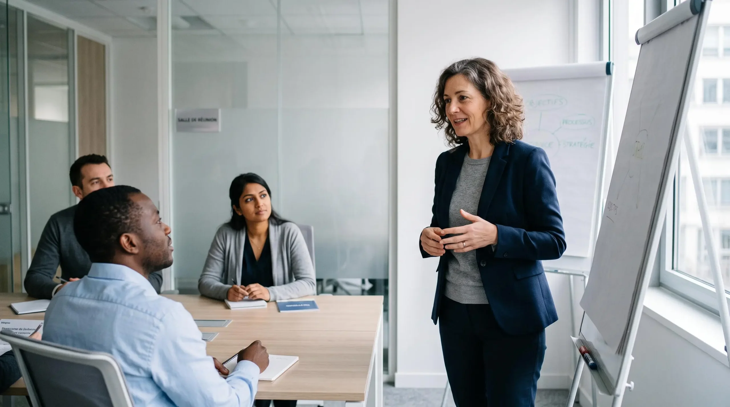 Formatrice professionnelle animant une session de développement des compétences devant un groupe de collaborateurs dans une salle de réunion d'entreprise française