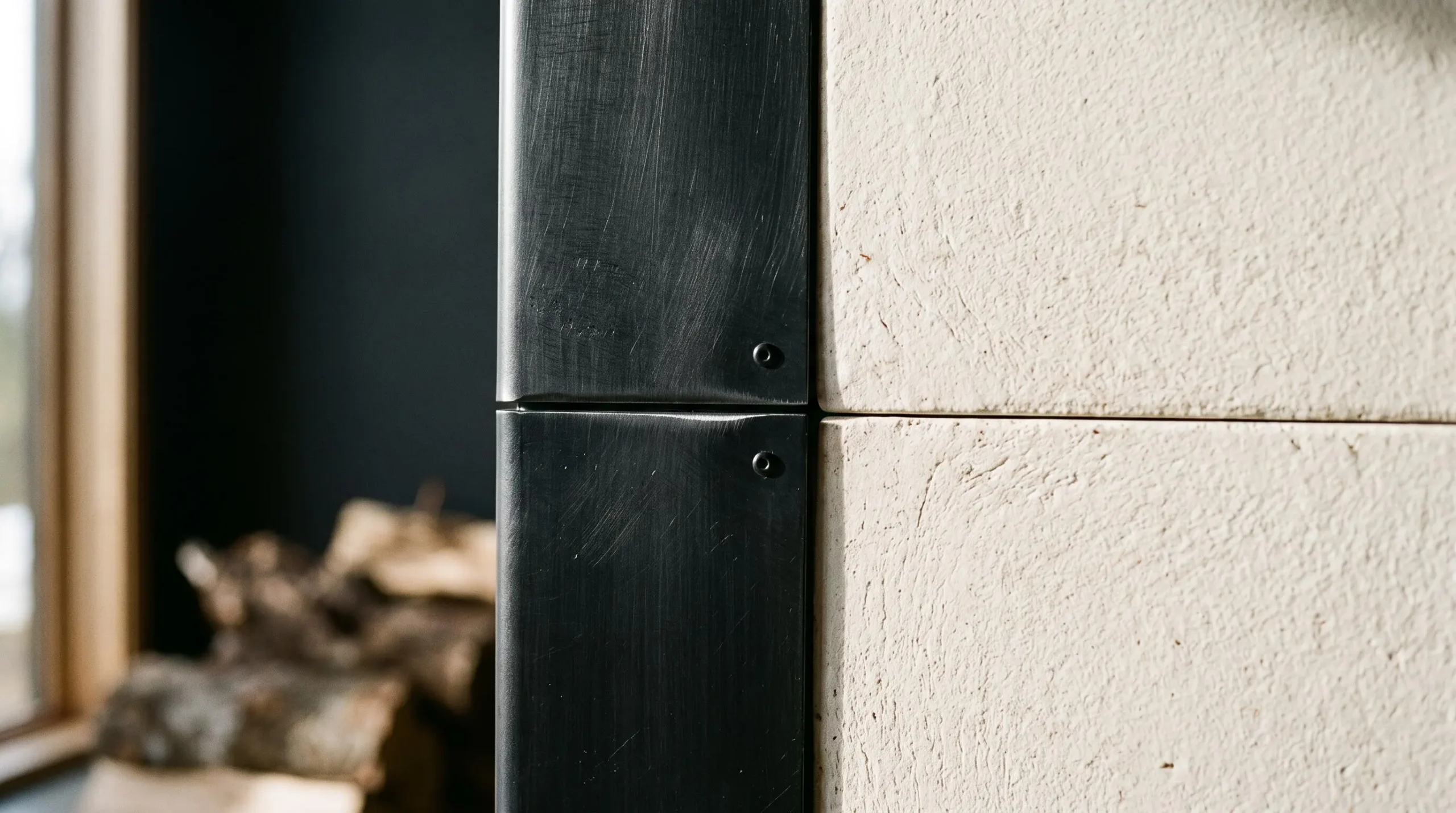 Gros plan sur l'habillage d'un poêle à bois design montrant le contraste entre acier noir mat brossé et panneaux céramique claire