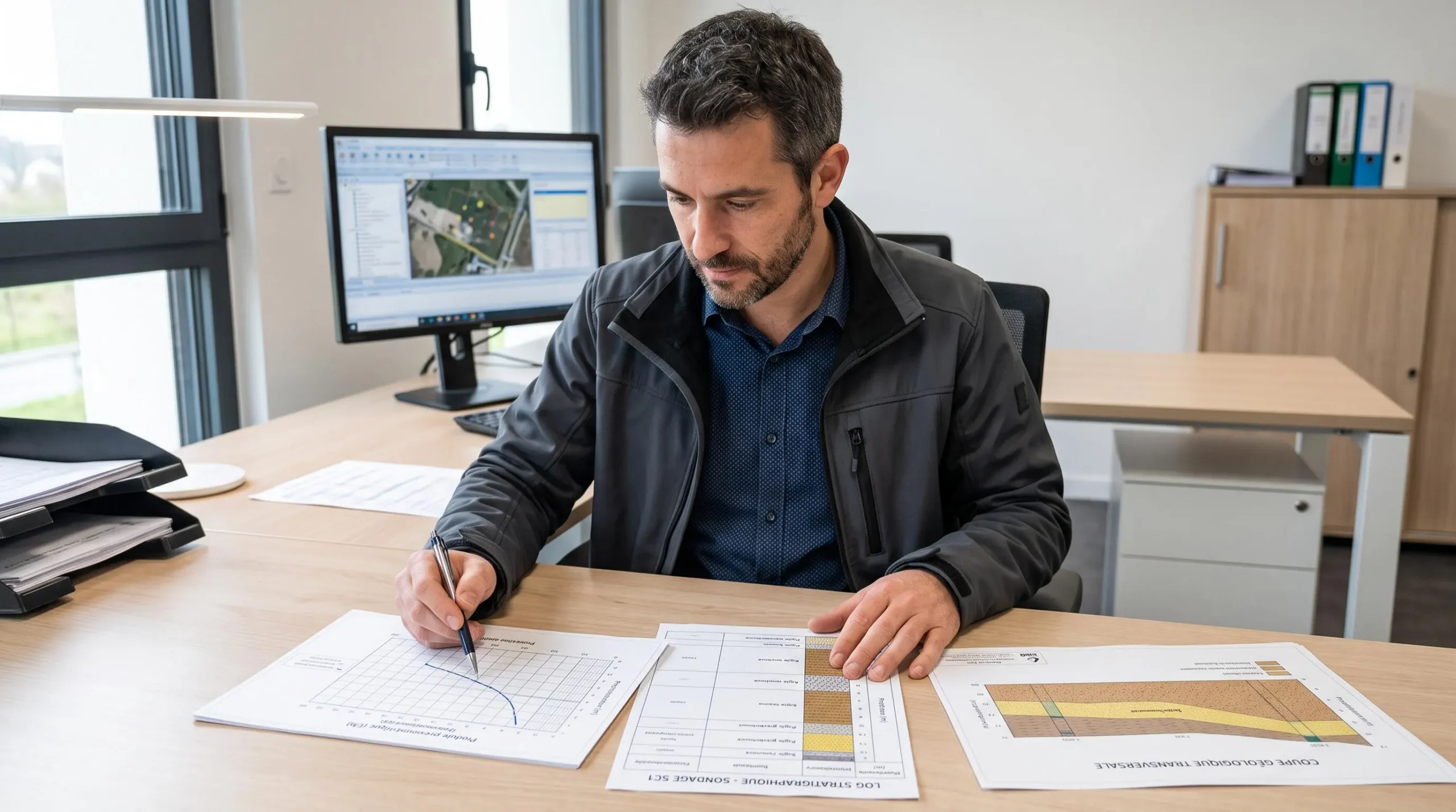 Ingénieur géotechnicien analysant des graphiques de sondages pressiométriques et des logs stratigraphiques sur un bureau d'études technique, écran d'ordinateur affichant une interface de logiciel en arrière-plan.