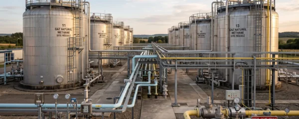 Installation industrielle moderne de stockage de gaz naturel en France avec cuves métalliques cylindriques, tuyauterie et systèmes de mesure visibles dans un environnement industriel organisé