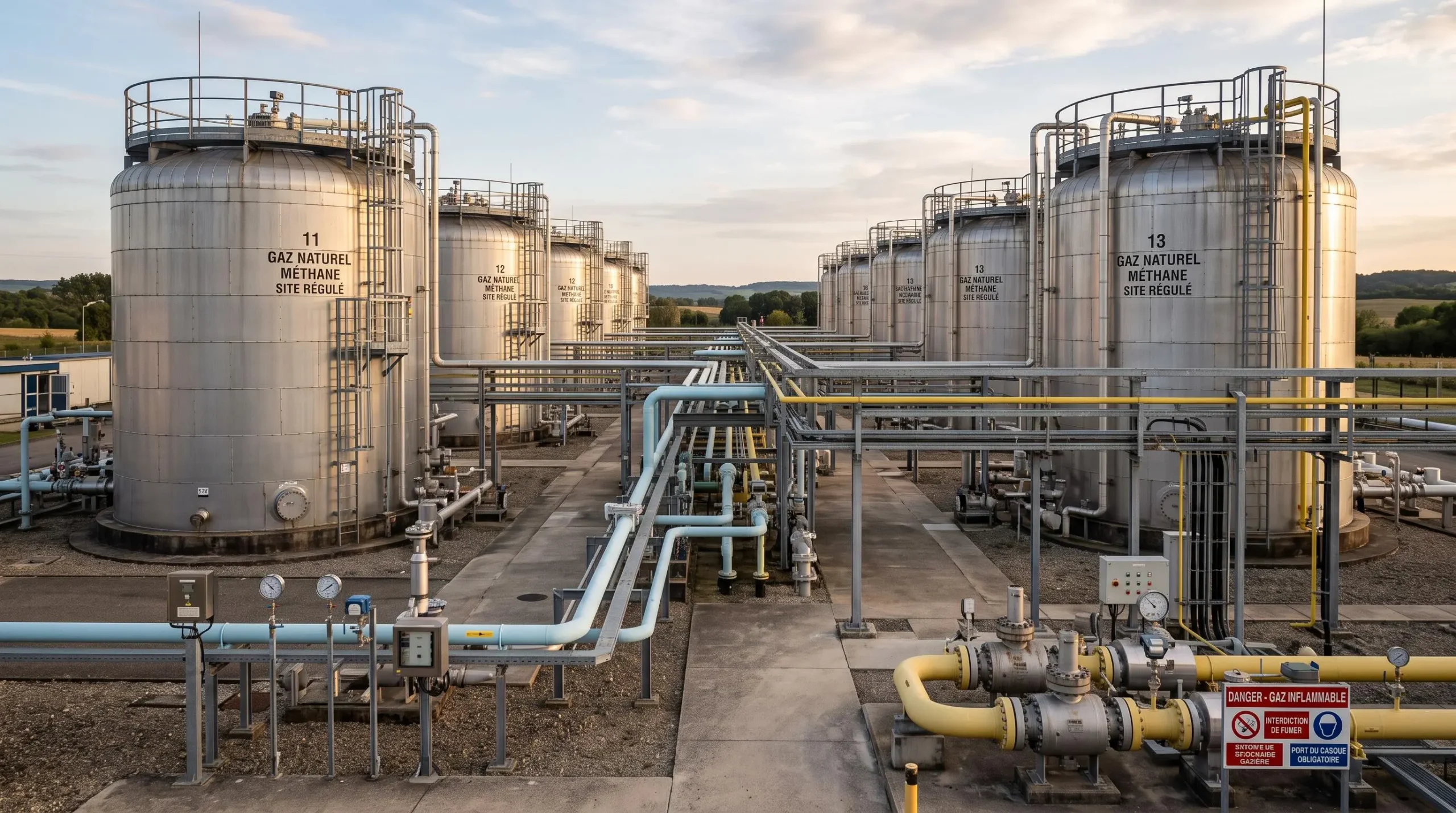 Installation industrielle moderne de stockage de gaz naturel en France avec cuves métalliques cylindriques, tuyauterie et systèmes de mesure visibles dans un environnement industriel organisé