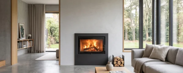 Poêle à bois rectangulaire design en acier noir mat installé dans un salon contemporain français avec mobilier minimaliste, sol béton ciré et grandes baies vitrées