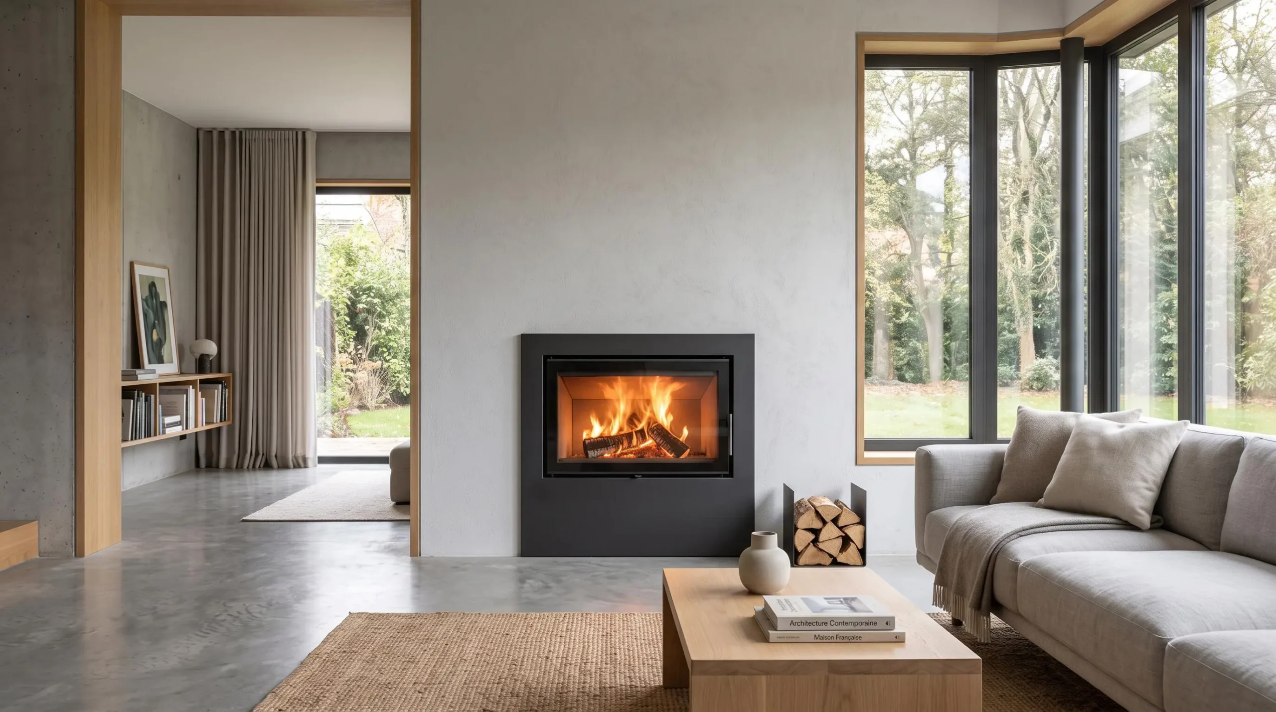 Poêle à bois rectangulaire design en acier noir mat installé dans un salon contemporain français avec mobilier minimaliste, sol béton ciré et grandes baies vitrées