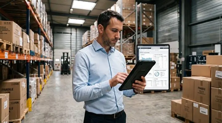 Responsable achats consultant des données fournisseurs sur tablette dans un entrepôt logistique industriel français
