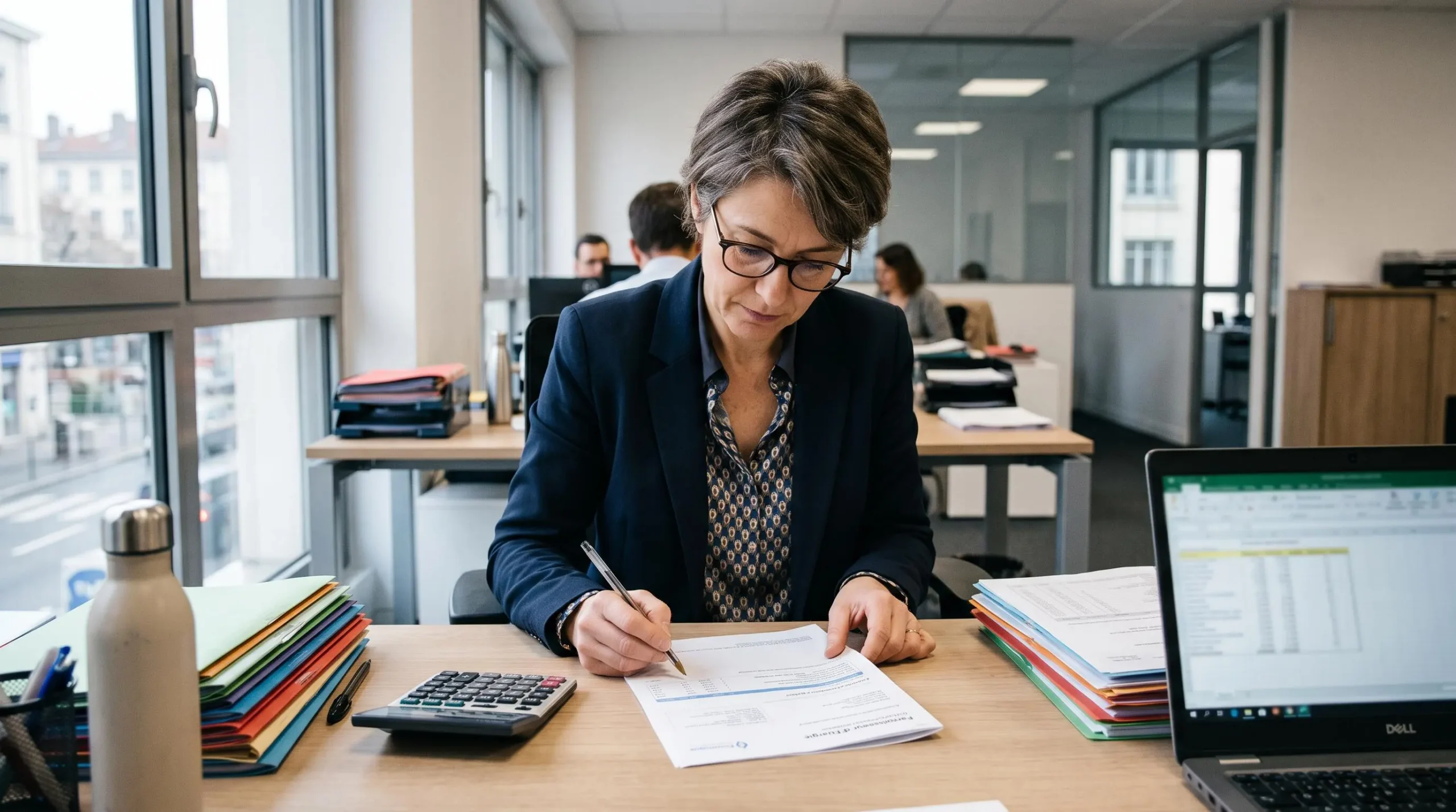 Responsable administrative française examinant attentivement une facture de gaz professionnel à son bureau avec calculatrice et dossiers dans un environnement de PME moderne