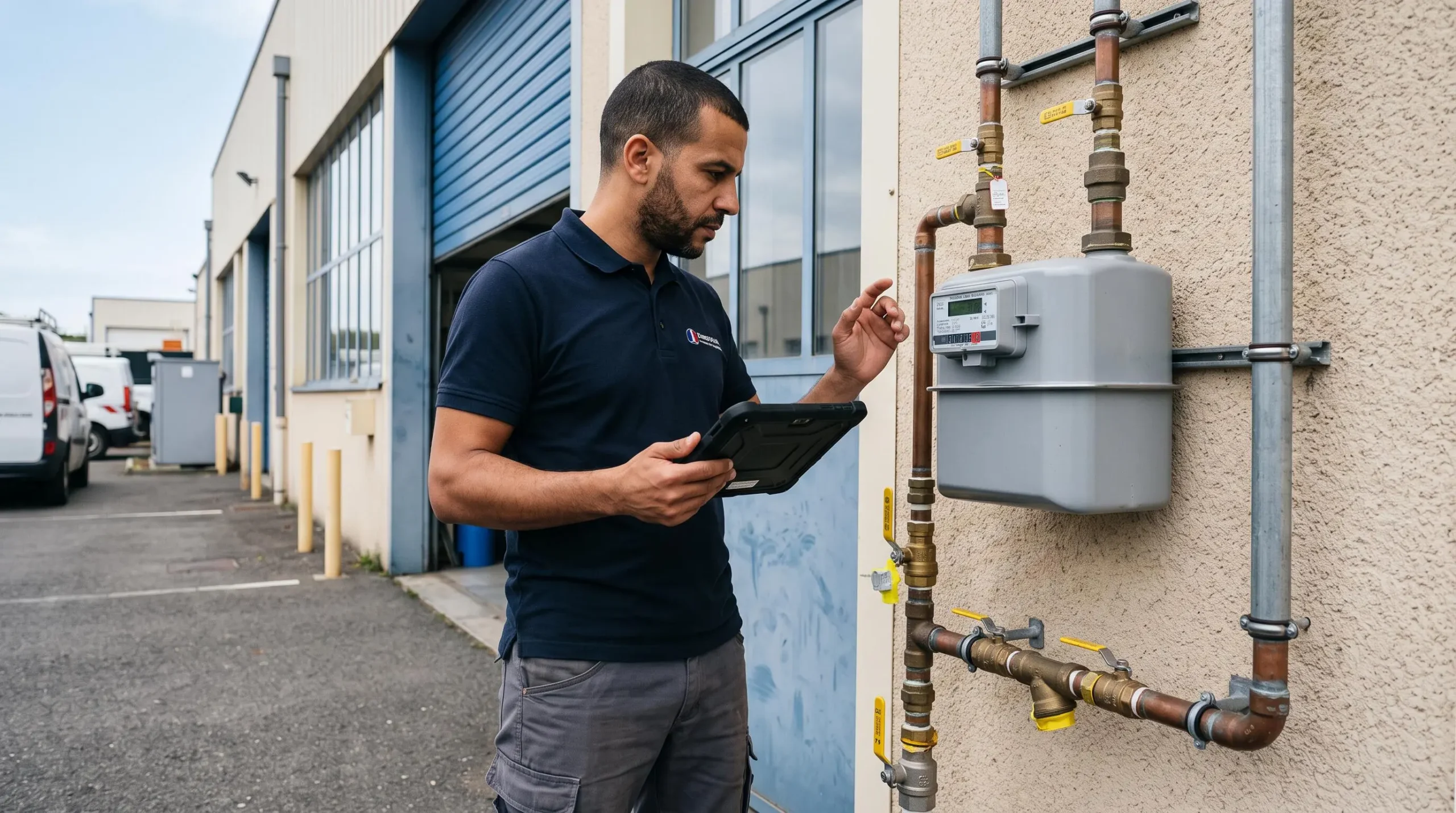 Technicien français effectuant le relevé d'un compteur de gaz industriel sur le mur extérieur d'un bâtiment professionnel avec tablette pour enregistrement des données