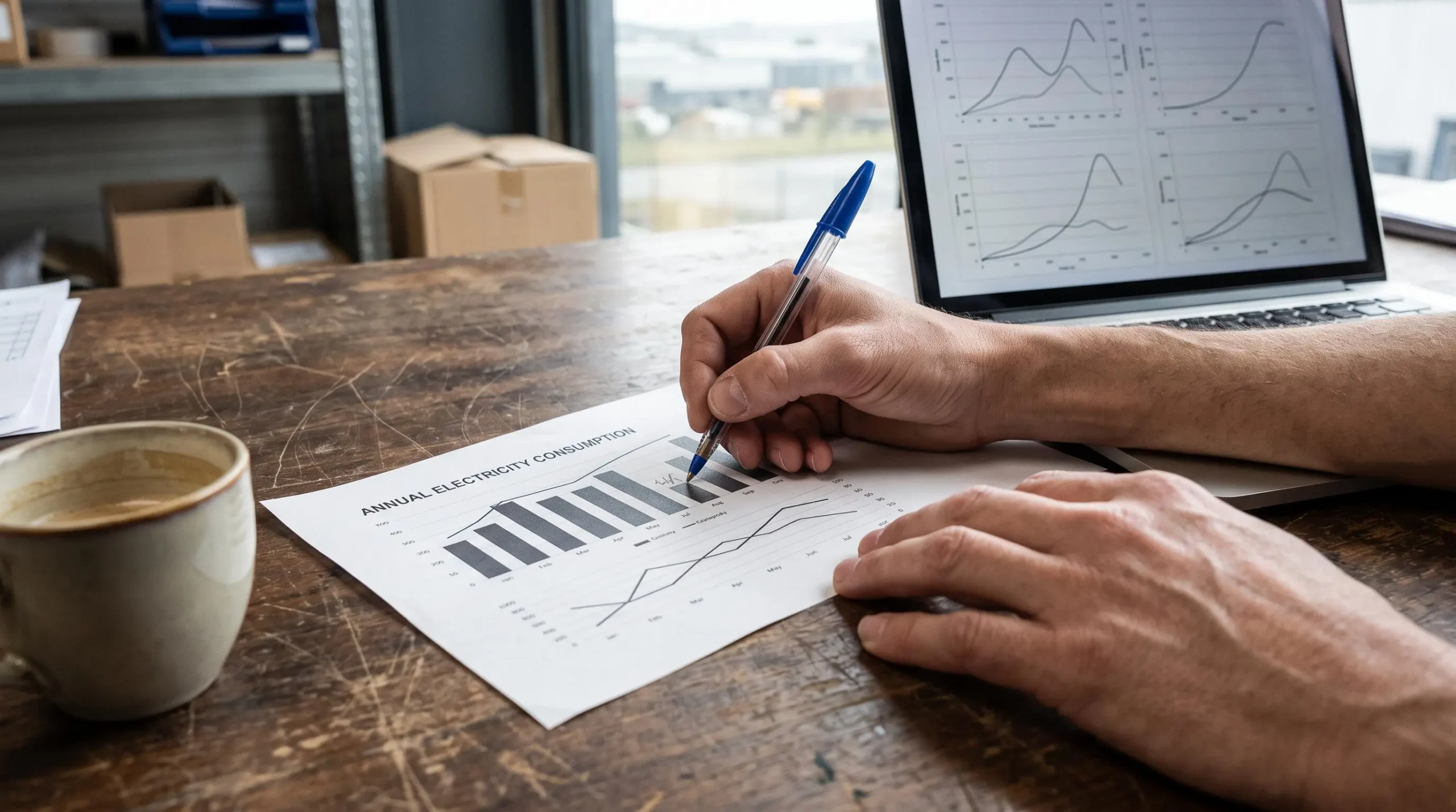 Des mains annotent un graphique de consommation électrique imprimé sur un bureau de workshop