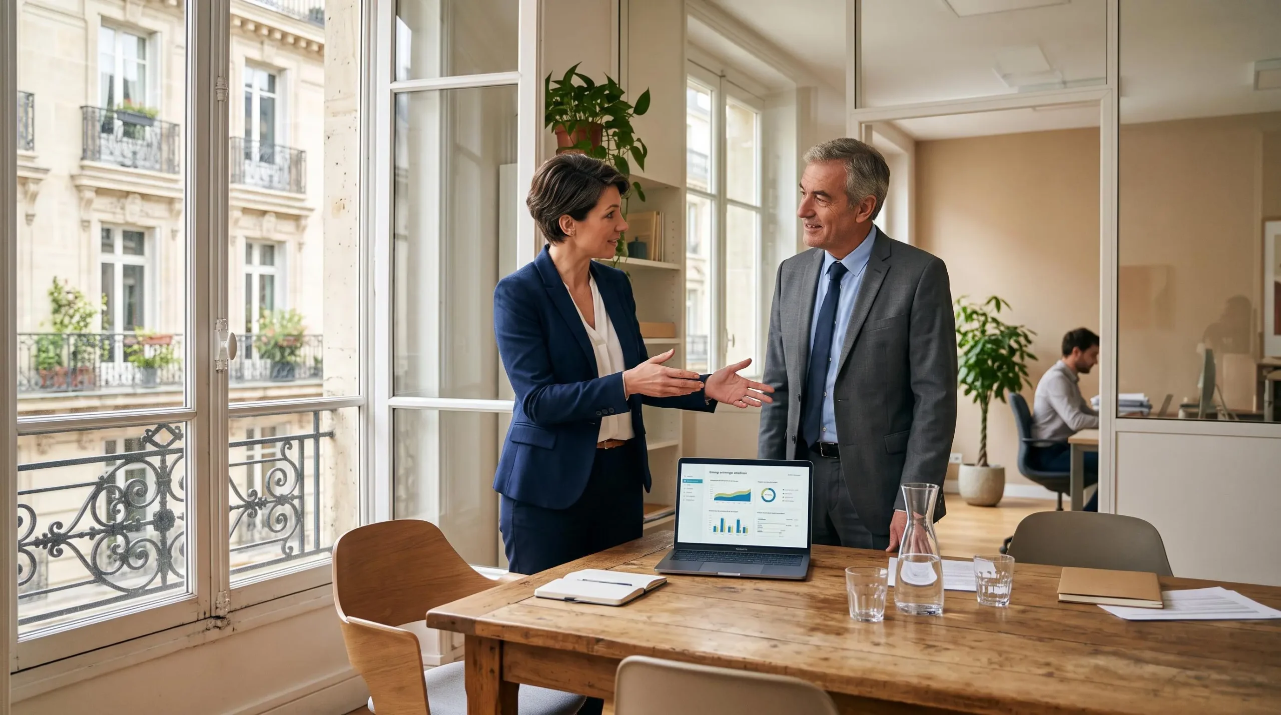 Un consultant énergie explique une comparaison d'offres à un dirigeant d'entreprise dans un bureau clermontois