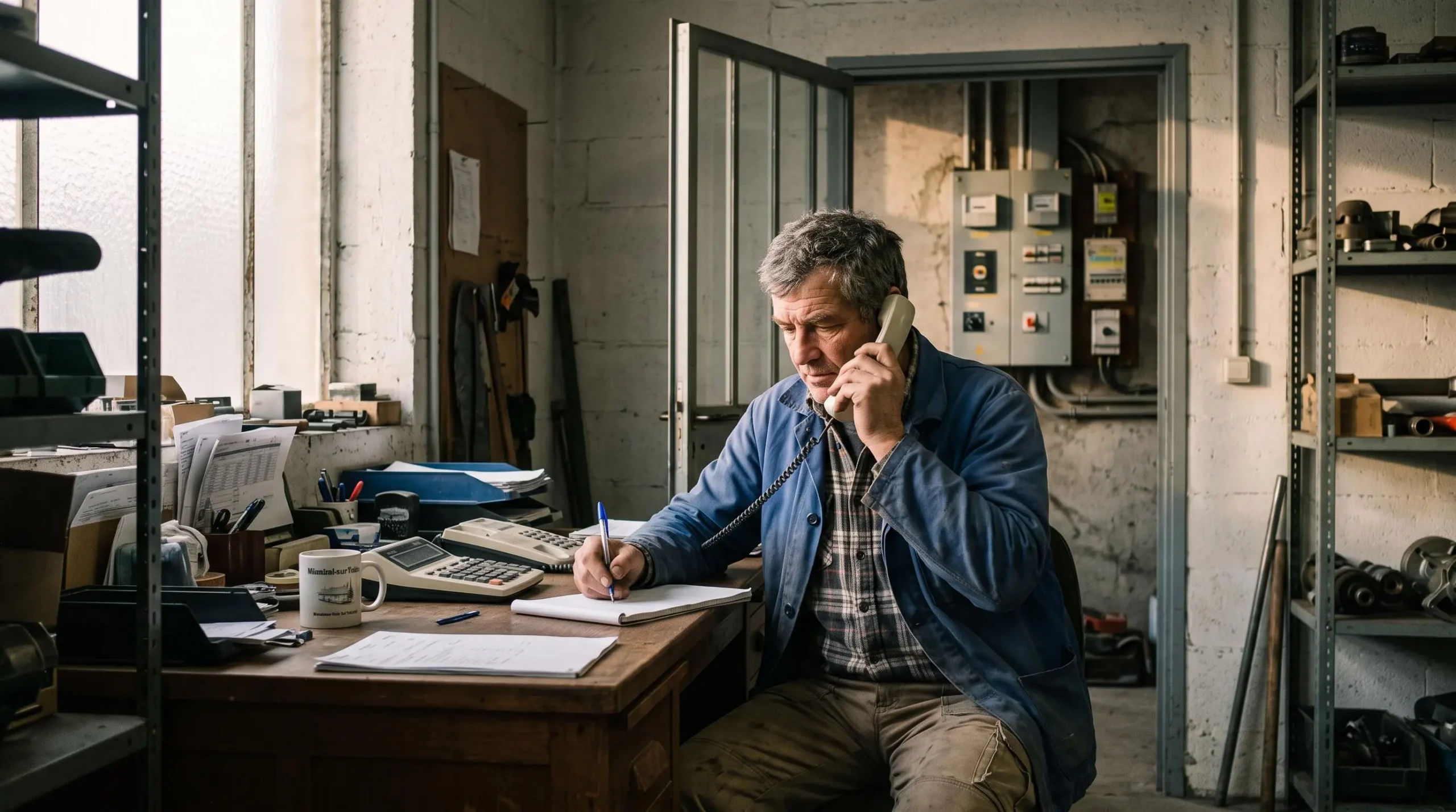 Un dirigeant d'entreprise prend des notes au téléphone dans son bureau d'atelier