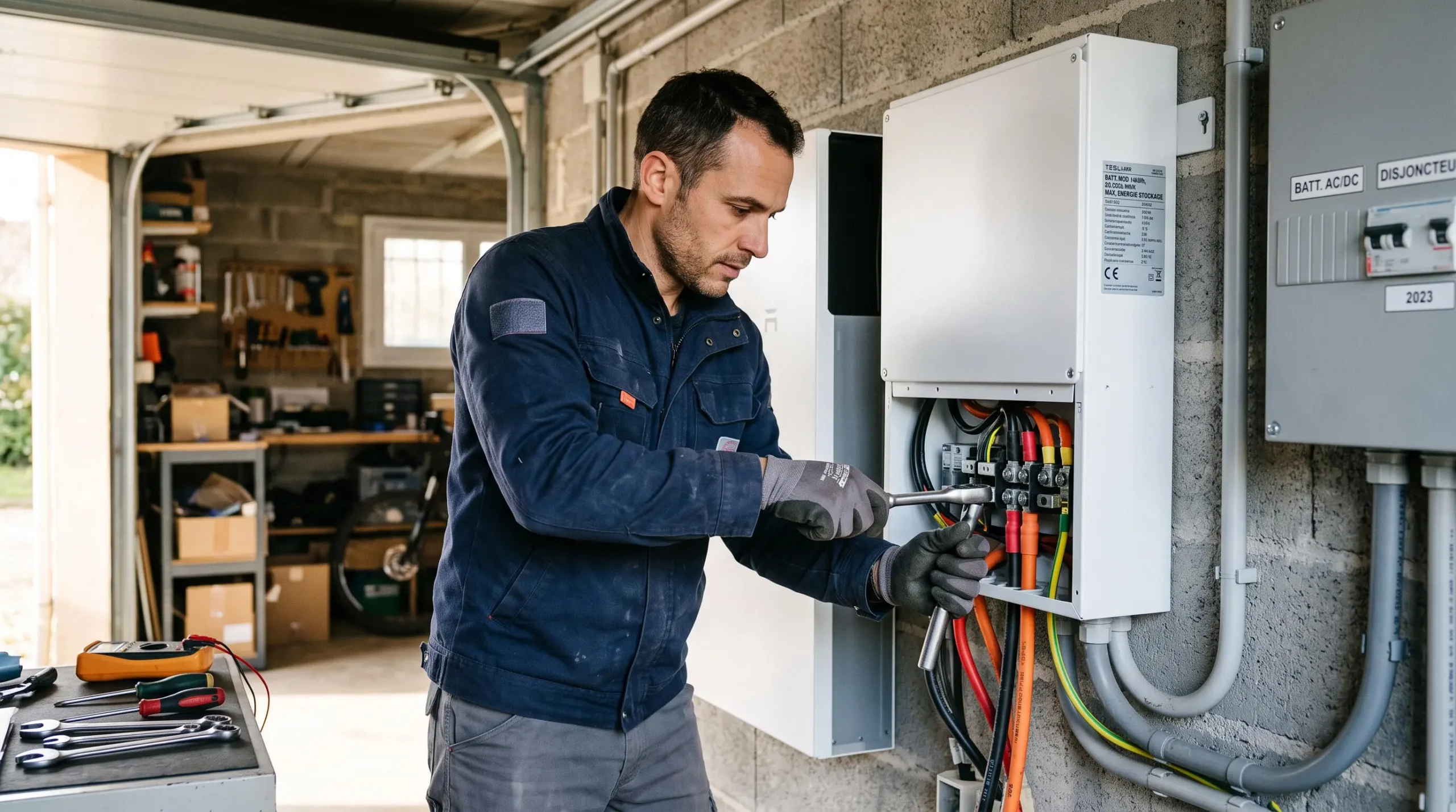 Un technicien raccorde une batterie domestique de stockage fixée au mur d'un garage.